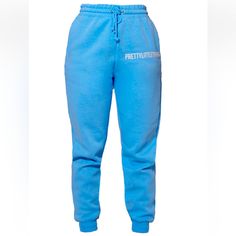 Cotton Material High Waist Blue Sweatpants For Loungewear, Casual High Waist Blue Sweatpants, Casual High-waist Blue Sweatpants, Trendy Blue Cotton Sweatpants, Blue High Waist Trendy Sweatpants, High Waist Blue Sweatpants With Elastic Waistband, High Waist Blue Pants For Loungewear, Trendy Blue Sweatpants With Elastic Waistband, Trendy Blue Loungewear Bottoms