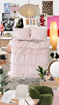 a collage of pink and green bedroom decor with pictures on the wall, bedding, chair, lamp, mirror, desk