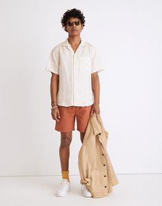 Summer Shirt With Short Sleeves And Pockets, Summer White Camp Shirt With Pockets, White Summer Camp Shirt With Pockets, Vacation Camp Shirt With Pockets And Short Sleeves, Casual Beige Short Sleeve Shirt With Camp Collar, Beige Short Sleeve Camp Shirt For Spring, Casual Beige Camp Collar Shirt, Casual Short Sleeve Tops For Warm Weather, Beige Short Sleeve Camp Shirt For Beach