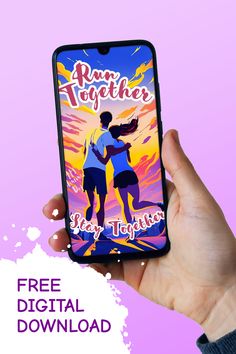 a person holding up a cell phone with the text run together, free digital download