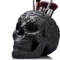 This makeup brush holder is made from solid resin.?Original and unique design, hand cast and colored, it comes with custom rolled artwork and an anti-sway flat bottom design.? 
 
Material: Resin 
Weight: 0.7KG 
Size: One Size 
SKU:?DE00005 Stationary Pens, Makeup Brush Sets, Skull Planter, Stationary Organization, Spooky Home Decor, Skeleton Makeup, Office Organizer, Makeup Organization Vanity, Weird Gifts