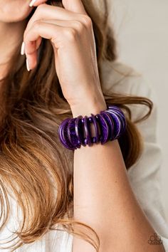 Infused with purple wooden beads, distressed purple wooden crescents are threaded along stretchy bands around the wrist for a summery look. Sold as one individual bracelet. P9SE-PRXX-141XX Bracelets Trendy, Paparazzi Accessories Jewelry, Pink Jewels, Rose Gold Beads, Purple Bracelet, Wood Bracelet, Paparazzi Accessories, Blue Gems, Bar Bracelets