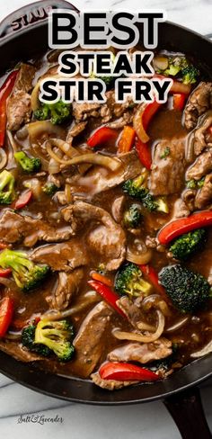 a cast iron skillet with stir fry and text overlay that reads best steak stir fry Beef Stir Fry Sauce, Beef Stir Fry Recipe, Steak Stirfry Recipes, Easy Beef Stir Fry, Stir Fry Recipes Healthy, Stir Fry Sauce Recipe, Steak Stir Fry, Beef Stir Fry Recipes