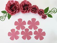 pink paper flowers and green leaves on a white background