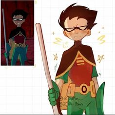 an animated character holding a baseball bat next to another character with glasses and a green outfit