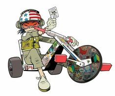 a cartoon character riding a bike with stickers on it's wheels and holding a cell phone in his hand