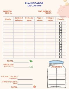 a printable planner with piggy bank and money in the jar on top of it