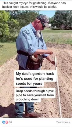 an old man is digging in the dirt with a shovel and gardening equipment on his shoulder