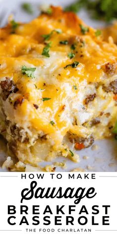 how to make sausage breakfast casserole in the crock pot with text overlay