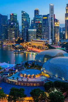 the city skyline is lit up at night, with skyscrapers in the foreground