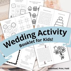 wedding activity booklet for kids with flowers and cupcakes in the middle, on top of