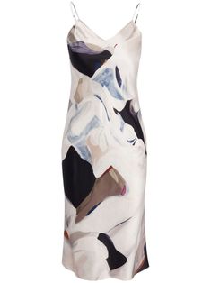 ecru/multicolour silk charmeuse abstract pattern print V-neck slip-on style spaghetti straps sleeveless shift style mid-length straight hem Funky Clothes, Funky Outfits, Wardrobe Edit, Silk Charmeuse, The Authority, Harper's Bazaar, Exclusive Fashion, Printed Midi Dress, Abstract Print