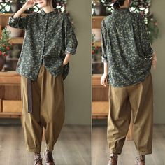 Casual Brown Cotton Blouse, Oversized Casual Floral Print Blouse, Long Sleeve Cotton Blouse In Brown, Brown Cotton Long Sleeve Blouse, Brown Long Sleeve Cotton Blouse, Long Sleeve Brown Cotton Blouse, Casual Fall Daywear Blouse, Khaki Cotton Blouse With Relaxed Fit, Casual Long Sleeve Khaki Blouse