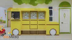 an image of a small yellow bus in the middle of a playroom with doors and windows