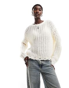 Sweaters & Cardigans by Collusion Exclusive to ASOS Round neck Drop shoulders Oversized fit Off White Open Knit Sweater For Fall, White Crew Neck Cardigan With Open Knit, White Crew Neck Open Knit Cardigan, White Open Knit Crew Neck Cardigan, White Long Sleeve Pointelle Knit Outerwear, White Chunky Knit Crew Neck Outerwear, Off White Textured Knit Long Sleeve Sweater, Off White Open Knit Sweater, Off White Long Sleeve Textured Knit Sweater