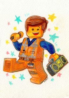 a drawing of a person holding a tool and wearing an orange construction worker's uniform