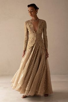 Buy Beige Jacket Silk Organza Embroidered Palm Metallic And Skirt Set For Women by VARUN NIDHIKA Online at Aza Fashions. Palm Embroidery, Beige Lehenga, Western Party Wear, Indian Jackets, Organza Jacket, Jacket And Skirt Set, Circular Skirt, Palm Pattern, Desi Outfits