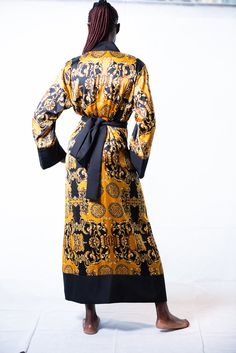 versace style robe Elegant Yellow Silk Kaftan, Elegant Gold Kimono, Elegant Long Sleeve Gold Robe, Elegant Gold Robe, Fall Cocktail Dress, Gold Kimono, Black Satin Robe, Dress Loungewear, Copper Dress