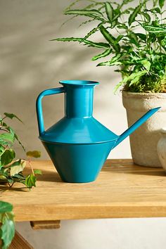 a blue watering can sitting on top of a wooden table next to a potted plant