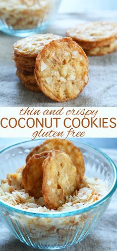 coconut cookies in a glass bowl with oats on top and the words thin and easy coconut cookies gluten free