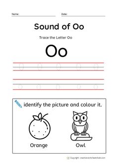 the letter o worksheet with an owl and orange on it's side