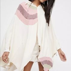 Free People Sweatshirt Poncho Hood Oversize Easy Fit Ivory Pink Rainbow New Without Tags * Size: Xs/S Retail Price: $168.00 80% Cotton * 20% Polyester 96" Around Bust 36" Long On Sides 30'' In Middle Spring Cotton Poncho, Spring Long Sleeve Cotton Poncho, Spring Long-sleeved Cotton Poncho, Hooded White Cotton Poncho, Casual White Cotton Poncho, Casual White Hooded Poncho, Casual Oversized Cream Poncho, Casual White Poncho For Fall, White Oversized Casual Poncho