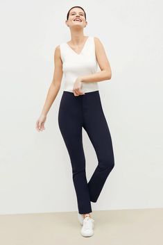 These high-waisted, better-than-denim straight jeans are crafted from a machine-washable Turkish two-way stretch cotton that provides comfort, ease, and excellent recovery (no baggy knees here!). First Look, Straight Jeans, Stretch Cotton, Knitted Sweaters, Black Jeans, High Waisted, Zipper, Pants, Trousers