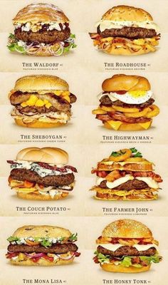 an image of burgers with different toppings on each side and the names below them