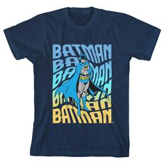 a blue batman t - shirt with the words batman and an image of batman on it