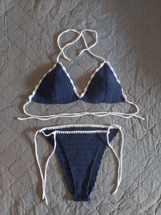 Handmade. Crochet swimming suit in blue and white. Can fit to every size. Summer Crochet Swimwear For Poolside, Crochet Swimwear For Beachwear At The Pool, Crochet Swimwear For Poolside, Crochet Beachwear Swimwear For Poolside, Stretch Crochet Swimwear For Swimming, Crochet Triangle Top Swimwear For Swimming, Fitted Crochet Swimwear, Crochet Swimwear For Swimming, Summer Crochet Stretch Swimwear