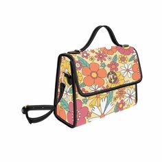 Introducing the Groovy Flower Power Top Handle Satchel - the bag for the hippies at heart! Whether you're going to a festival or just out for a casual stroll, this satchel is ready to rock 'n roll with its removable and adjustable shoulder strap plus two interior pockets for your small, groovy trinkets. And when you want to keep your special items safe, use the zipper pocket and peace out! - Constructed from high-grade waterproof canvas, ensuring durability and water resistance for long-lasting Summer School Satchel With Adjustable Strap, Summer School Shoulder Bag With Detachable Strap, Rectangular Summer Satchel For School, Vintage Summer Bags With Detachable Strap, Summer School Satchel With Removable Pouch, Spring School Crossbody Satchel, Vintage Summer Shoulder Bag With Adjustable Strap, Hippie Shoulder Bag For Everyday Use In Summer, Vintage Crossbody Bags For Summer