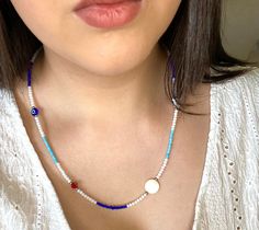 the length of this handmade necklace is 22 inches. Blue Seed Bead Necklace, Agate Bracelet, Seed Bead Necklace, Pearl Shell, Bead Jewellery, Beaded Necklaces, Handmade Necklace, Bead Necklace, Seed Bead