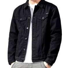 Casual Slim Fit Outerwear With Pockets, Solid Casual Denim Jacket For Streetwear, Casual Solid Color Denim Jacket For Streetwear, Black Single Breasted Cotton Denim Jacket, Black Single-breasted Cotton Denim Jacket, Casual Slim Fit Single Breasted Outerwear, Casual Slim Fit Outerwear For Spring, Casual Slim Fit Outerwear With Button Closure, Denim Jacket For Men