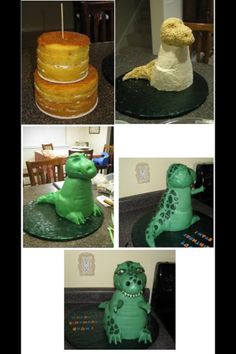 there are pictures of cakes made to look like animals and alligators on the cake