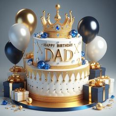 a birthday cake with balloons and presents on the side that says happy birthday dad in gold lettering