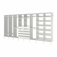 a white bookcase with shelves and drawers on each side, against a white background