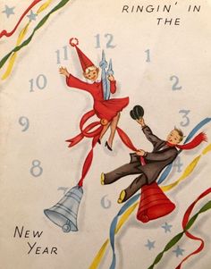 an advertisement for the new year's card featuring two men in red suits and hats