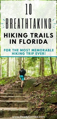 a person hiking up some steps in the woods with text overlay reading 10 breathtaking hiking trails in florida for the most memorable