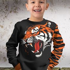 Season:Winter,Fall; Fabric:Polyester; Sleeve Length:Long Sleeve; Look After Me:Machine wash; Gender:Boys; Style:Designer,Fashion,Streetwear,Cool,Daily; Elasticity:Micro-elastic; Occasion:Daily,Casual,Outdoor; Kids Apparel:Pullover,Sweatshirt; Age Group:Kids; Fit Type:Regular Fit; Pattern:Tiger; Design:Crewneck; Age:3-12 Years,4-12 Years; Listing Date:10/13/2023; Bust:; Length:; Neck:; Shoulder Width:; Sleeve:; Print Type:3D Print Winter Character Print Long Sleeve Tops, Winter Long Sleeve Tops With Character Print, Winter Long Sleeve Sweatshirt With Character Print, Winter Crew Neck Sweatshirt With Character Print, Winter Long Sleeve Sweater With Character Print, 3d Tiger, Tuxedo Shirt Men, Womens Basic Tops, Mens Outdoor Jackets