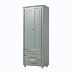 a gray armoire with two drawers on wheels