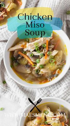 chicken miso soup in a white bowl with spoons