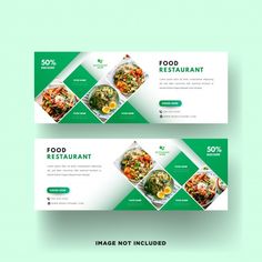 two green and white restaurant banners with food items on the front, side and back