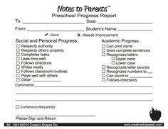 Preschool Progress Report - Notes to Parents - Creative Shapes Etc. Preschool Progress Report Template, Preschool Progress Report, Preschool Assessment, Starting A Daycare, Daycare Forms, Progress Report Template, Classroom Routines, Personal Progress