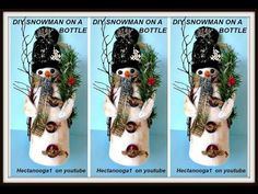 three pictures of a snowman made out of plastic bottles with fake plants in them