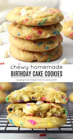 chewy homemade birthday cake cookies stacked on top of each other