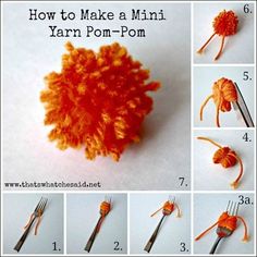 how to make a mini yarn pom - pom with orange and yellow colors