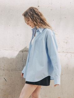 Color: SKY BLUECountry of Origin : Republic of Korea Sky Blue Tshirt, Spring Blue Poplin Shirt, Poplin Shirt, Oversized Fits, Top Blouse, Top Outfits, ? Logo, Clothes For Women, Blue