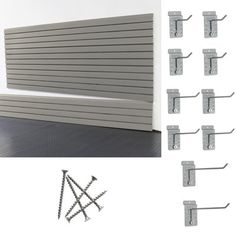 six pairs of hooks are attached to the side of a wall with several screws