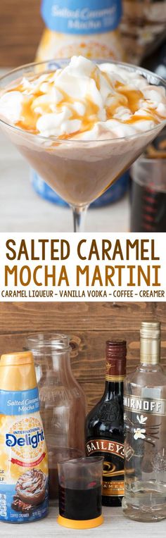 salted caramel mocha martini is served in a glass bowl with whipped cream on top