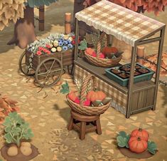 a painting of an outdoor market with pumpkins and gourds on the ground